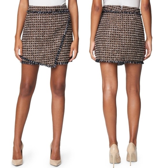 Blank NYC Miniskirt 27 Plaid Tweed Fringe Faux Wrap Clueless Black Brown NWT - Picture 1 of 11